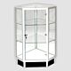 The front opening Extra View corner display case features lockable sliding doors, adjustable height glass shelves. The front opening capability allows the display case to positioned against a wall or another display with no loss of utility.
