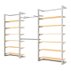 Double Alta Wall Unit with Double Shelving & Hanging Retail Display Kit 4. Includes: 2- Alta Wall Units, 2- 48” long rectangular tubing hangrails, 12- 48” wide wood shelves, 2- 12” Saddle Mount Faceouts as well as all the hardware needed for set-up.