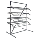 Double-sided chrome shoe rack with eight adjustable slanted shelves for retail footwear displays. 