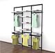 Vertik Wall Mounted Retail Clothing Display Unit for 8 Shelves w/3 Faceouts, 2 Hanging Rails | Chic Black 3-Sections.  Setting Dimensions: 76
