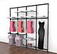 
Vertik Wall Mounted Retail Clothing Display Unit for 8 Shelves with 4 Faceouts and 2 Hanging Rails | Chic Black 4-Sections.  Setting Dimensions: 101